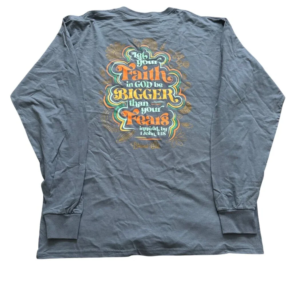 Fruit of the Loom‎ men shirt Blessed Girl Faith Long Sleeve Tee sz Large blue